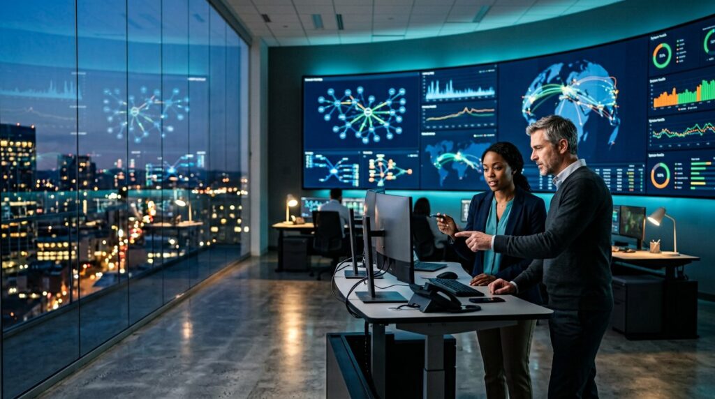 Network engineers monitoring enterprise WAN, LAN, and cloud connectivity dashboards in a modern operations center