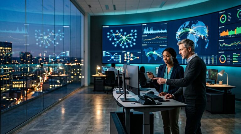 Network engineers monitoring enterprise WAN, LAN, and cloud connectivity dashboards in a modern operations center