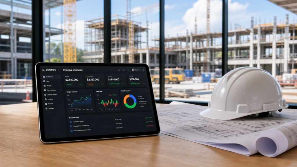 Top 7 Construction Accounting Platforms for Better Financial Control - digital tablet displaying job costing and financial analytics in a construction office