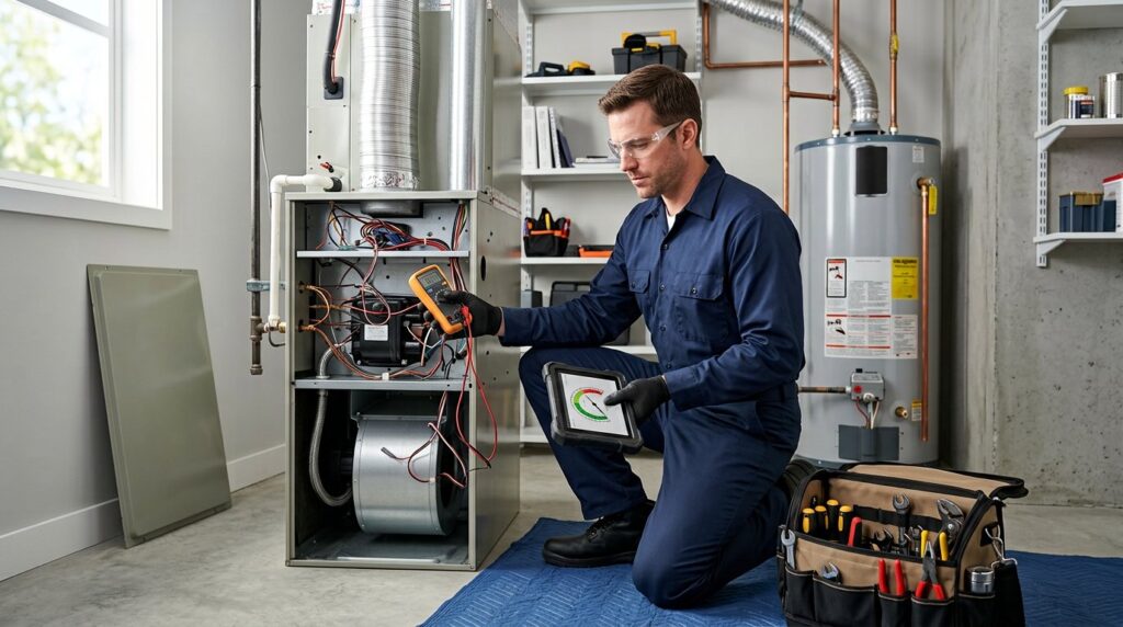 Professional technician inspecting equipment for repair