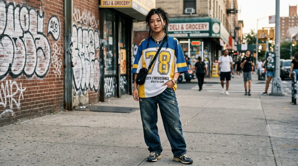 Y2K sport jersey styled with retro streetwear