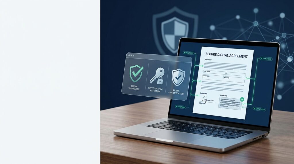 Create a professional, photorealistic featured image for a cybersecurity and technology article about **how digital signatures help prevent online fraud**. **Visual concept:** Show a secure digital document displayed on a modern laptop or transparent digital interface, accompanied by a clearly visible digital verification symbol, a cryptographic key icon, a secure authentication shield, and subtle data-integrity indicators. Include realistic visual cues representing identity verification, document authenticity, encryption, and tamper detection. **Composition:** Use a wide, balanced landscape layout. Place the digital document and verification interface slightly to the right, with a subtle cybersecurity shield and connected data elements in the background. Leave clean negative space on the left for optional headline placement. Keep the main subject prominent and easy to understand at thumbnail size. **Color palette:** Deep navy blue, cool blue, white, and restrained teal accents. Use soft highlights, realistic reflections, and professional lighting to convey security, trust, and technological reliability. **Visual style:** Premium corporate editorial photography combined with realistic 3D cybersecurity visualization. Clean, modern, sophisticated, and appropriate for a professional technology or business publication. **Key message:** Communicate how digital signatures can verify document origin, help protect document integrity, and reveal unauthorized changes, while avoiding the implication that they eliminate every form of online fraud. **Technical requirements:** - Landscape orientation, 16:9 aspect ratio. - Resolution: 1200 × 675 pixels. - Suitable for a professional WordPress blog featured image. - No brand logos, watermarks, or identifiable company names. - No cartoon graphics, excessive holograms, or cluttered interfaces. - No random letters, garbled text, or unnecessary headline text. - Keep the image realistic, polished, informative, and visually clear.